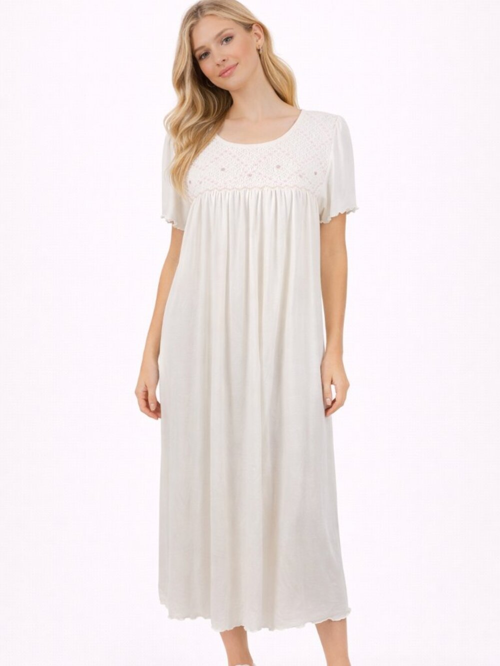Cuddledown Evelyn Smocked Nightgown Cream Purple Midi Peru Pima Cotton Size XL